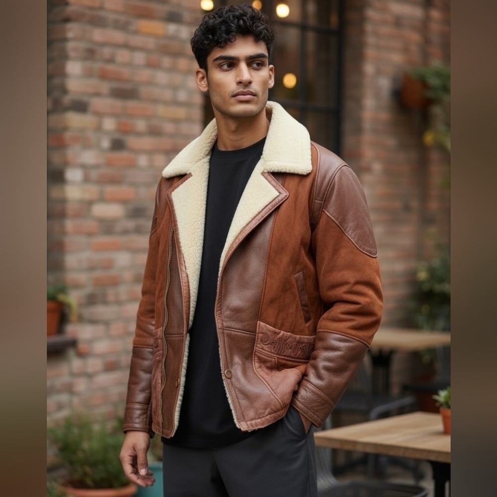 Vintage Genuine Leather Men's Winter Coat wide sleeve Button Closure